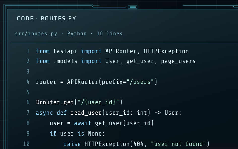Corner of a code editor window in the Glasswall interface: a glass pane with a thin cyan frame, a title bar reading Code, routes.py, and ten lines of Python.