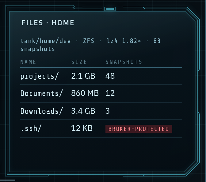 A Files window in a cut-corner glass frame. It lists four folders with their size and number of snapshots; the .ssh folder is marked broker-protected in red.